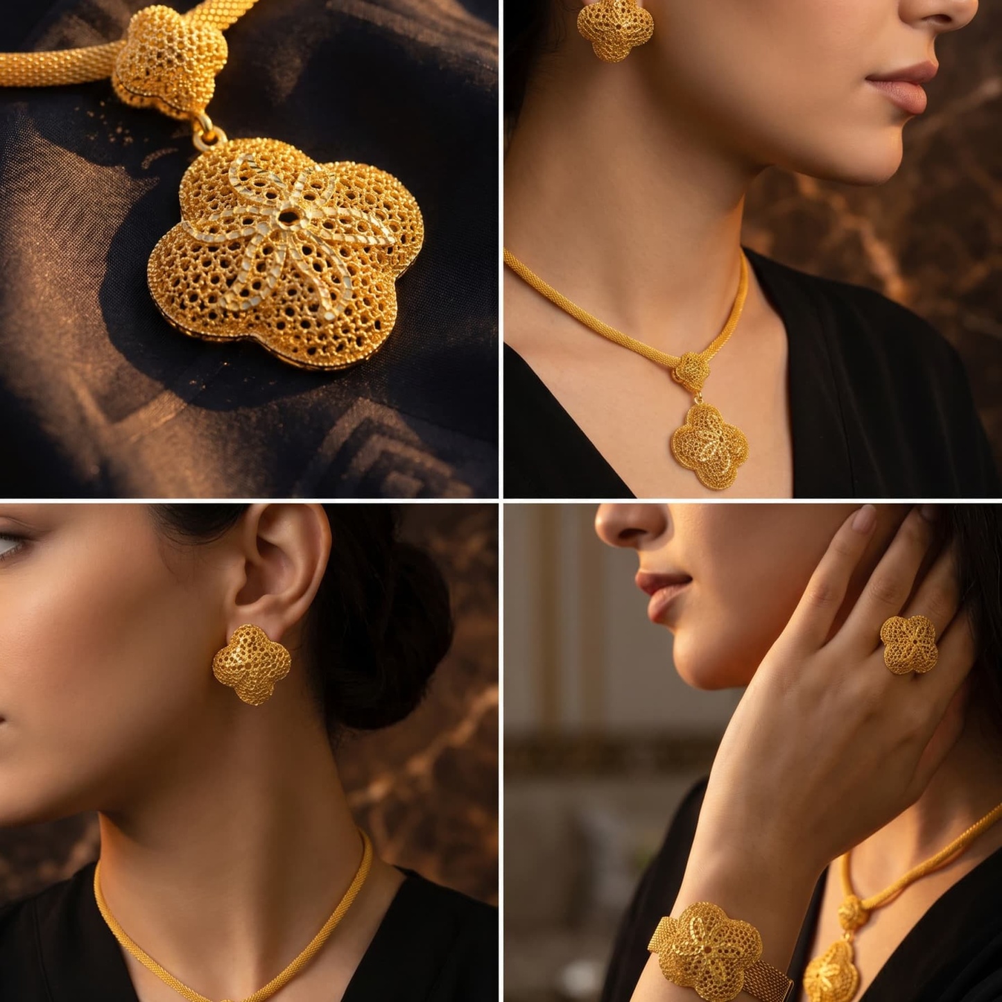 Gold-Tone Openwork Bloom Jewelry Set, 4 Pcs
