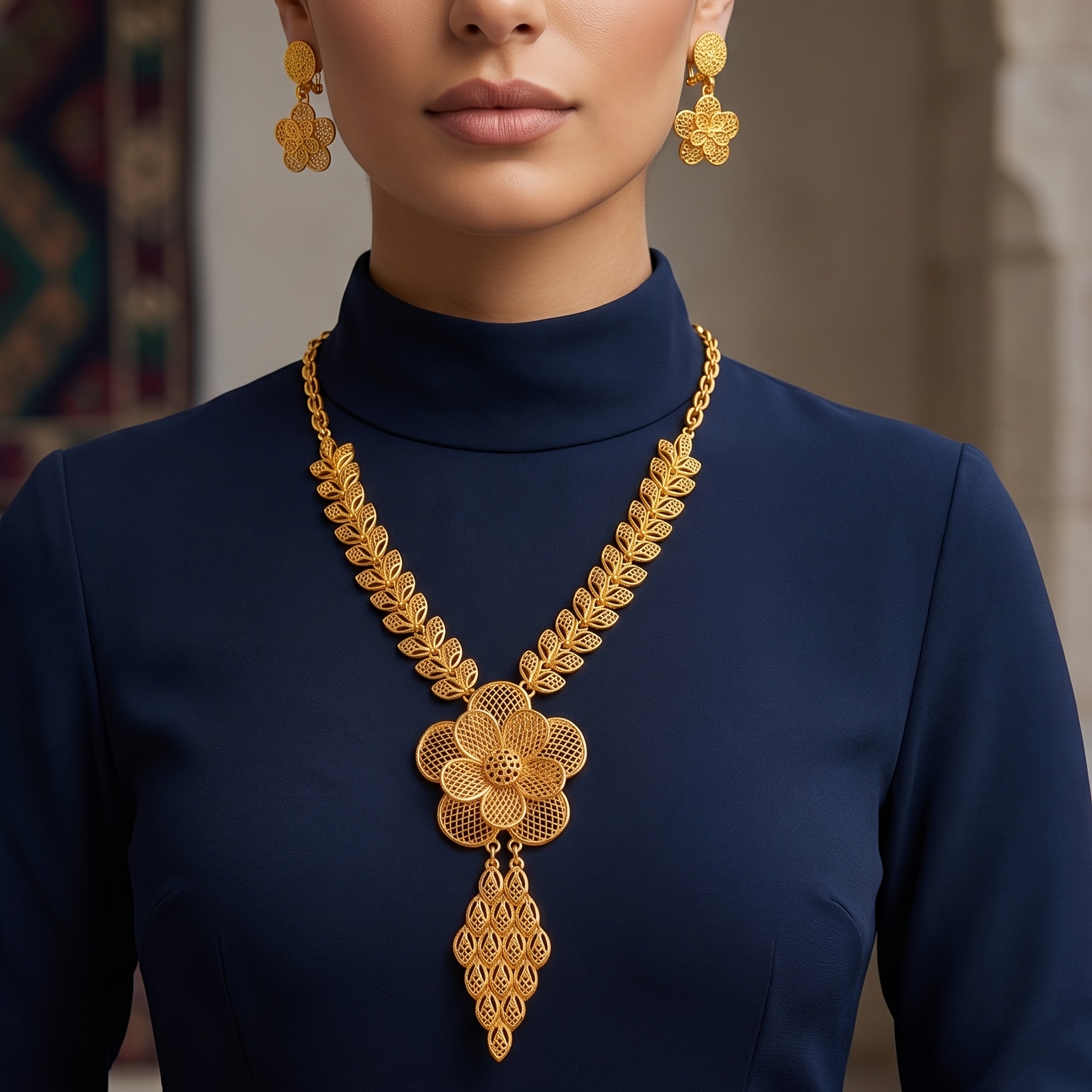 Gold-tone openwork floral necklace & earring set, front view