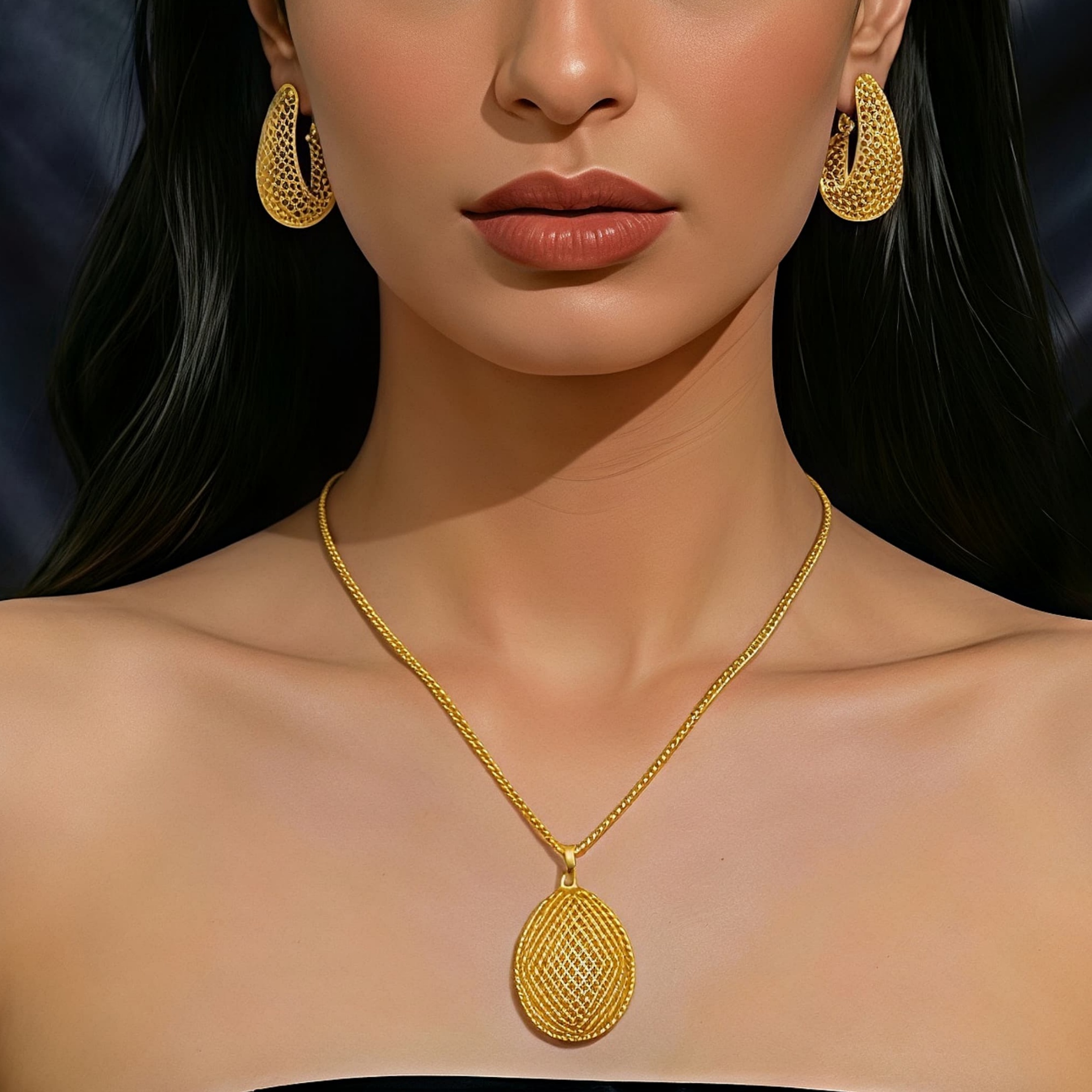 Gold-Tone Lattice Dome Drop Necklace & Earring Set