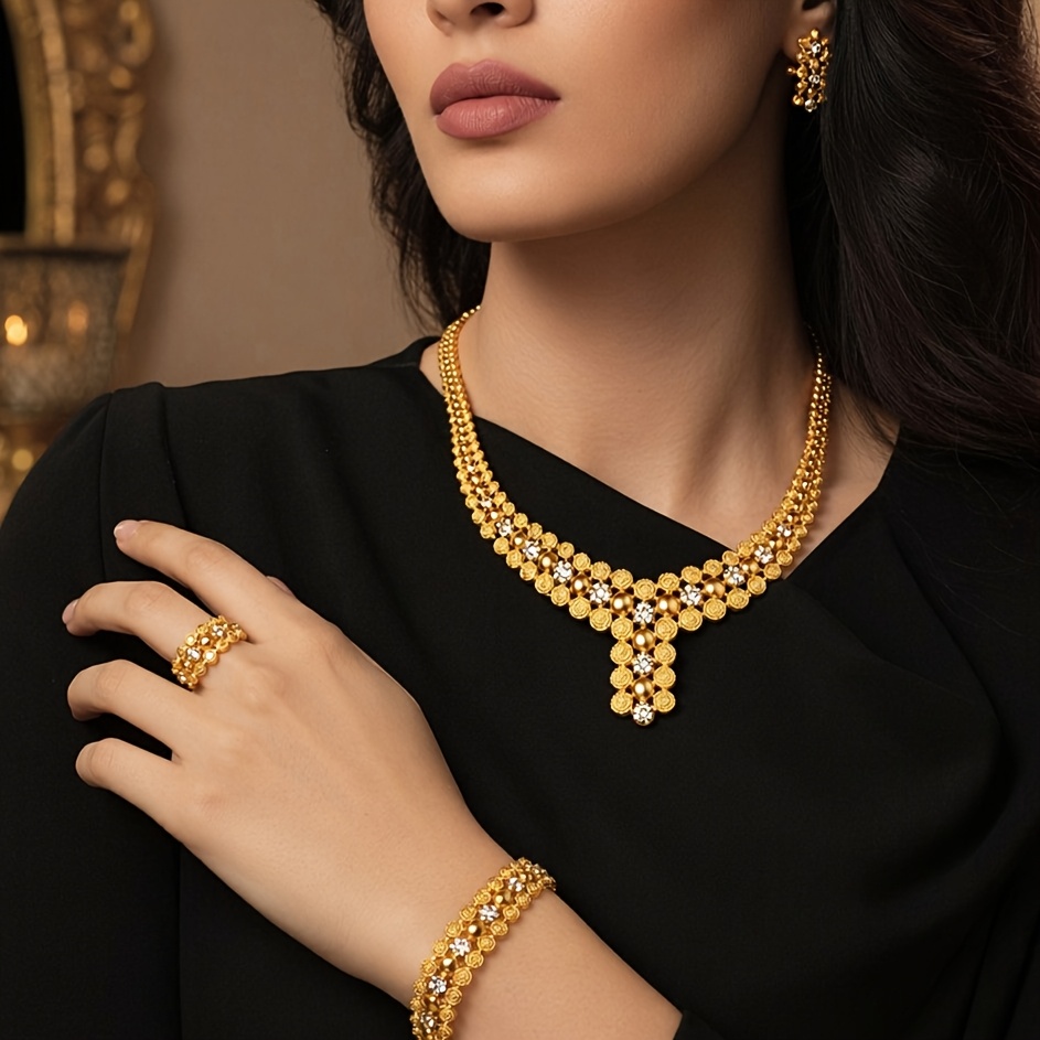 Gold-tone beaded cluster jewelry set, front view
