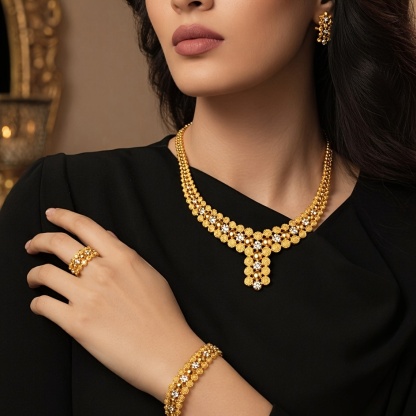 Gold-tone beaded cluster jewelry set, front view