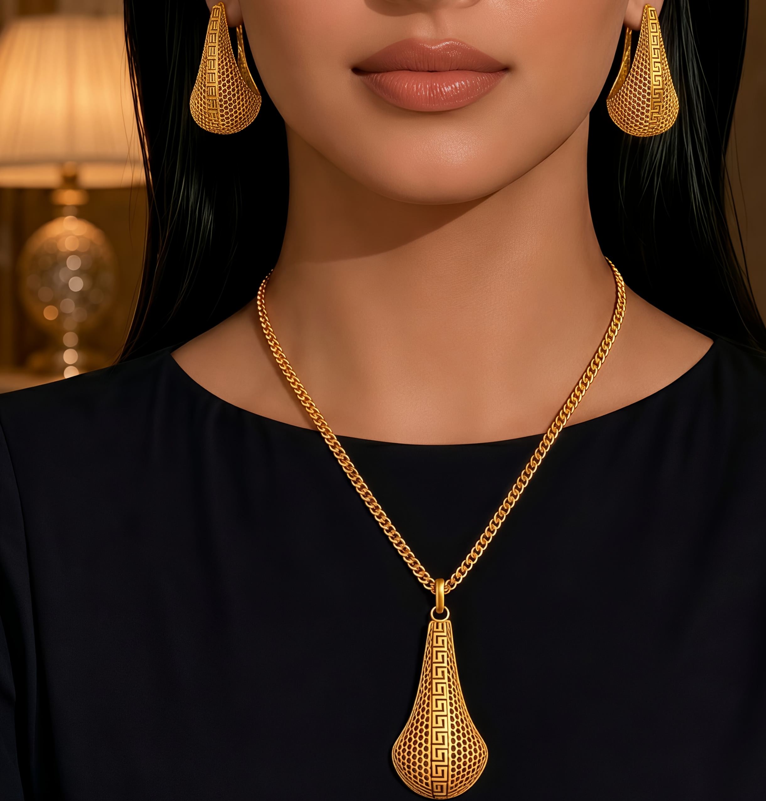 Gold-tone tapered mesh greek key necklace & earring set, front view