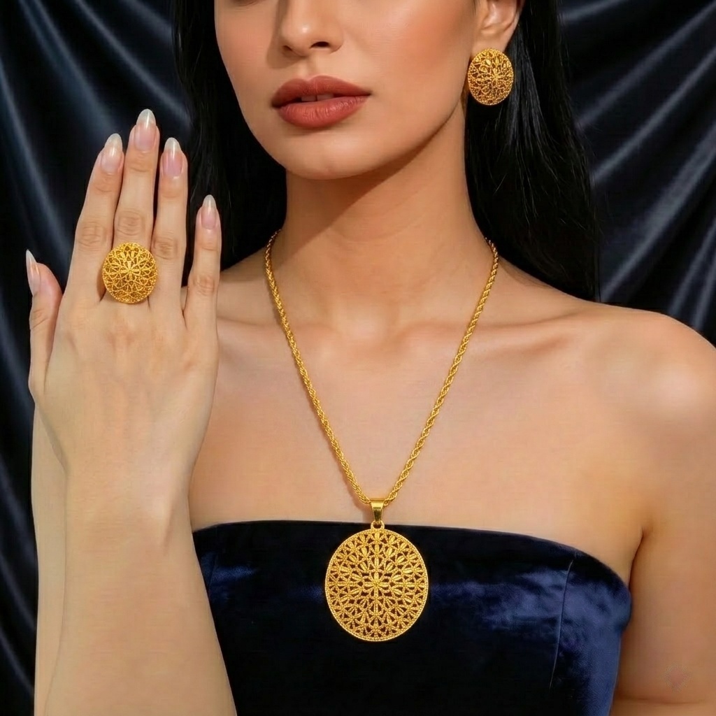 Gold-Tone Floral Oval Medallion Jewelry Set, 3 Pcs