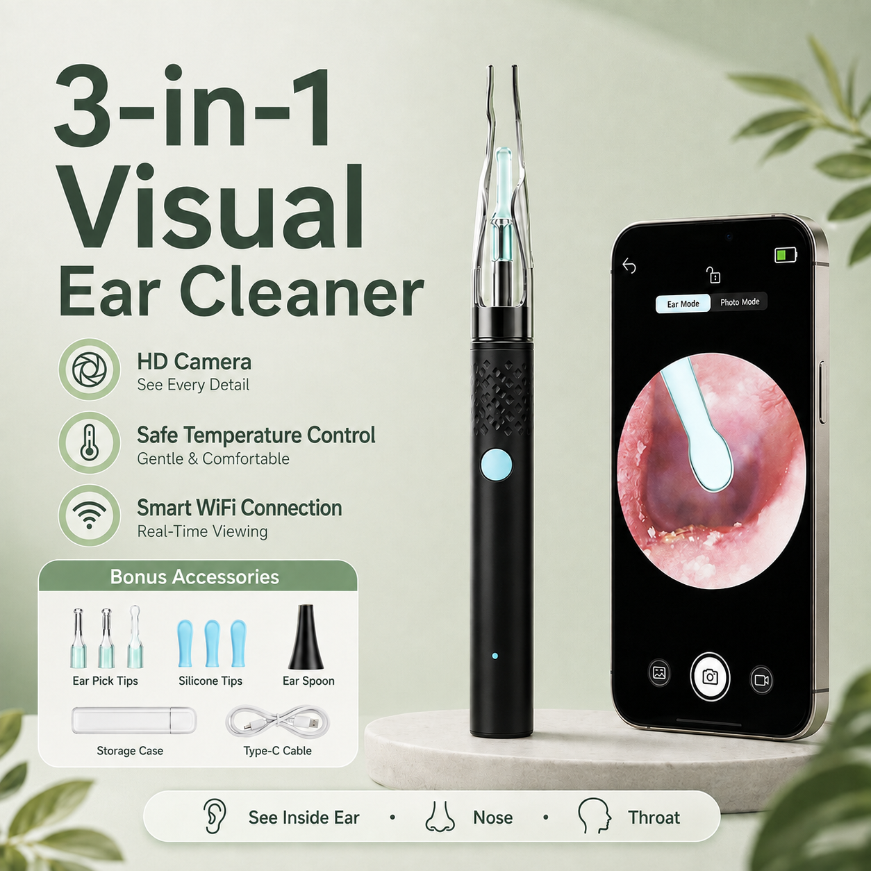 🔥Wireless Visual Ear Cleaner with Camera & Tweezers – 3-in-1 Smart Otoscope Earwax Removal Kit with Ear Pick【 9-Piece Set】
