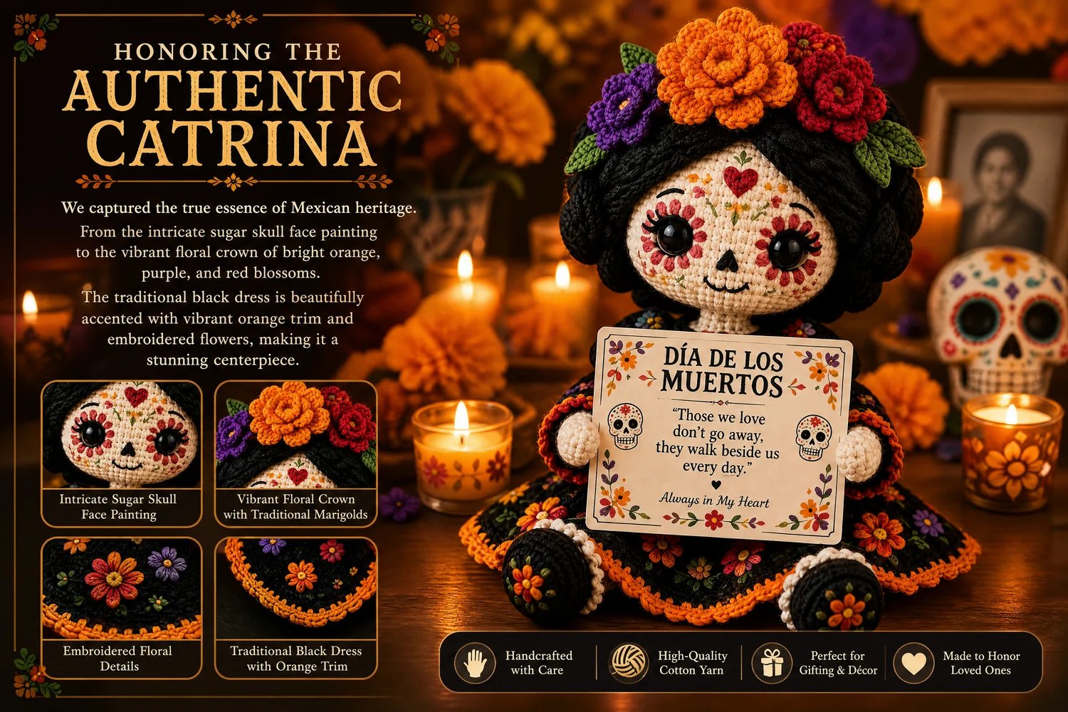 Catrina crochet doll floral crown and traditional details