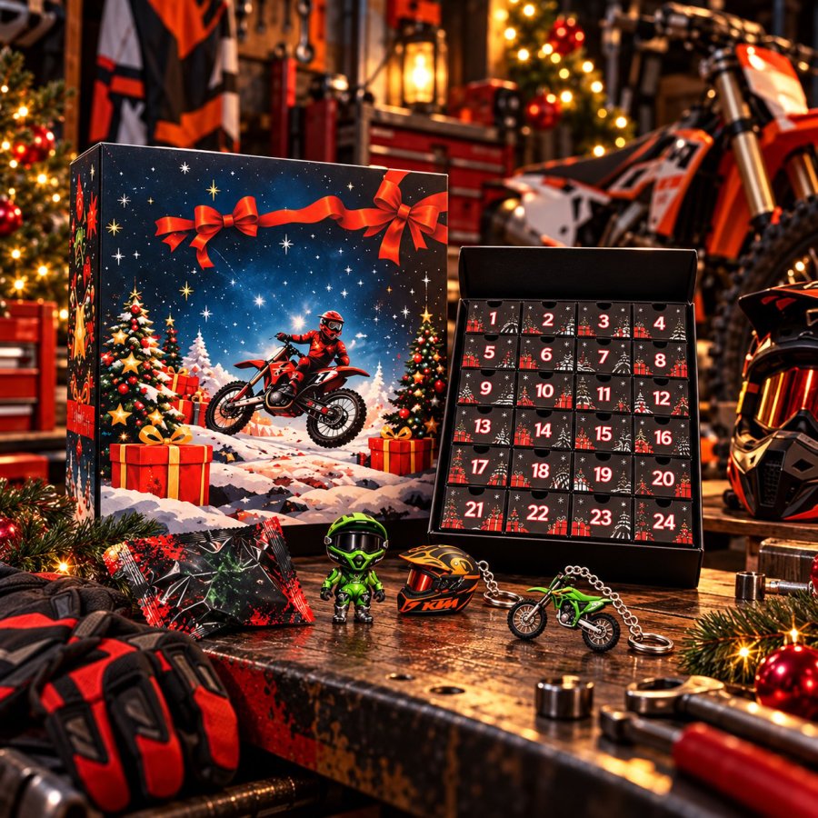 Motocross Christmas calendar displayed on a garage workbench