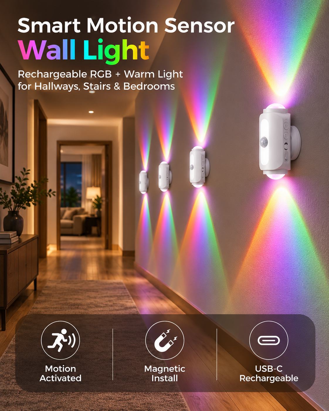 whole home set — 8 pcs Smart Motion Sensor Wall Light – Rechargeable RGB & Warm Light