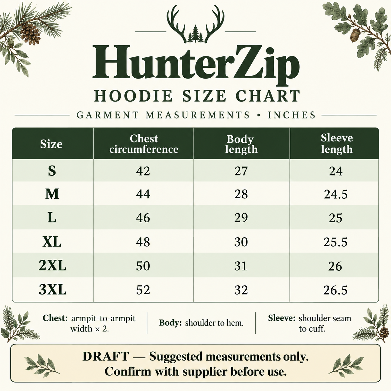 HunterZip Hoodie Size Chart