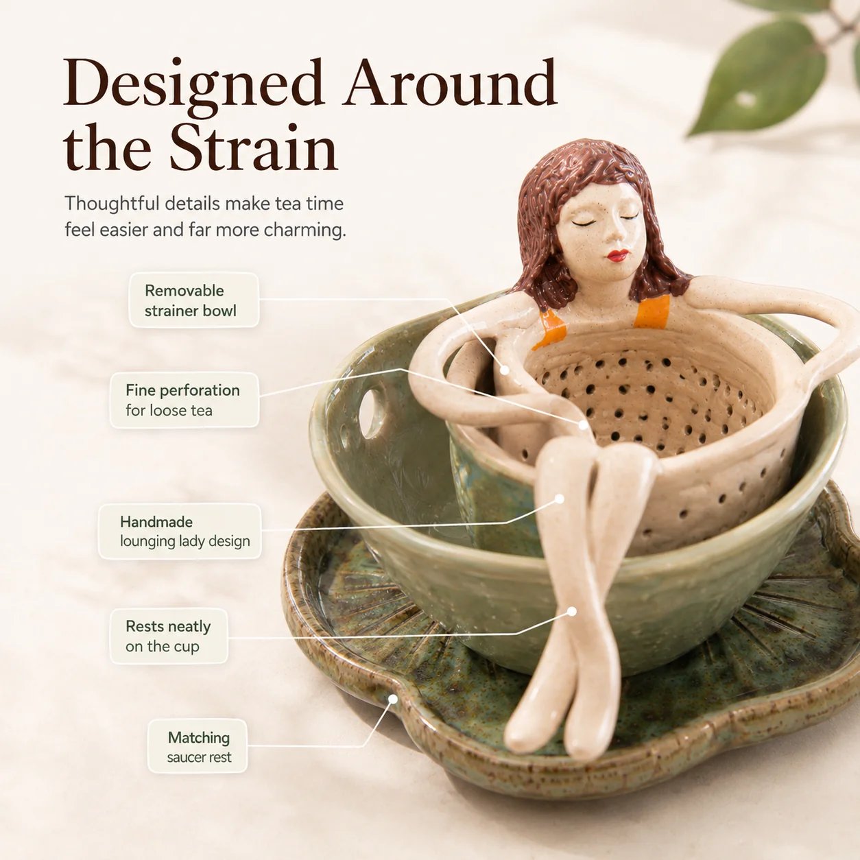 Whimsical Sitting Lady Ceramic Tea Strainer