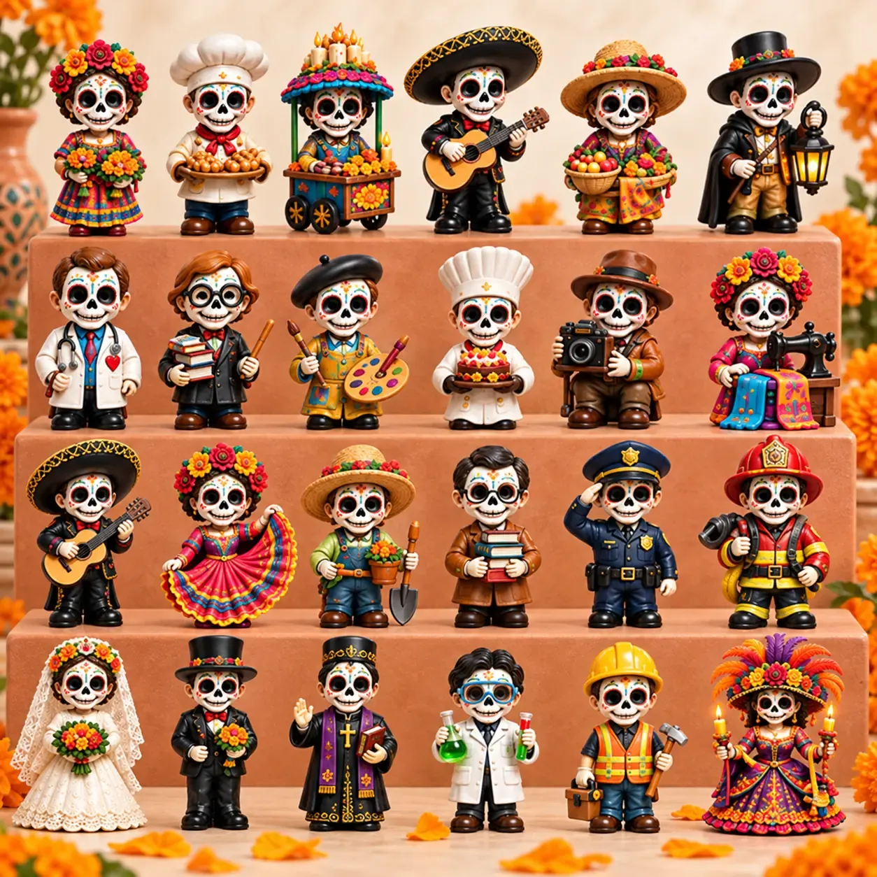 Twenty-four D&iacute;a de Muertos collectible figures inspired by different professions