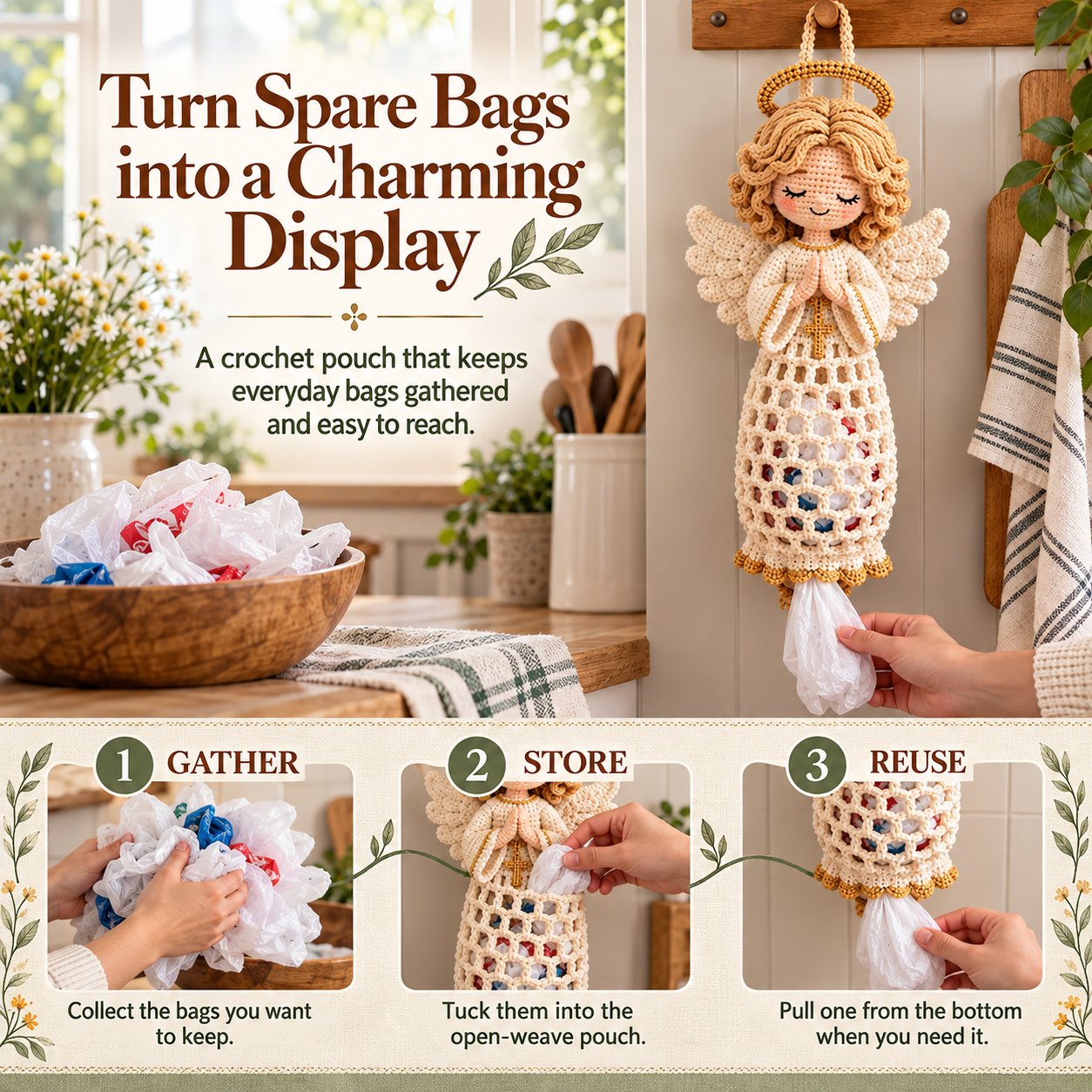 Completed Angel bag holder hanging in a kitchen, with bags stored in its pouch and one being pulled from the bottom