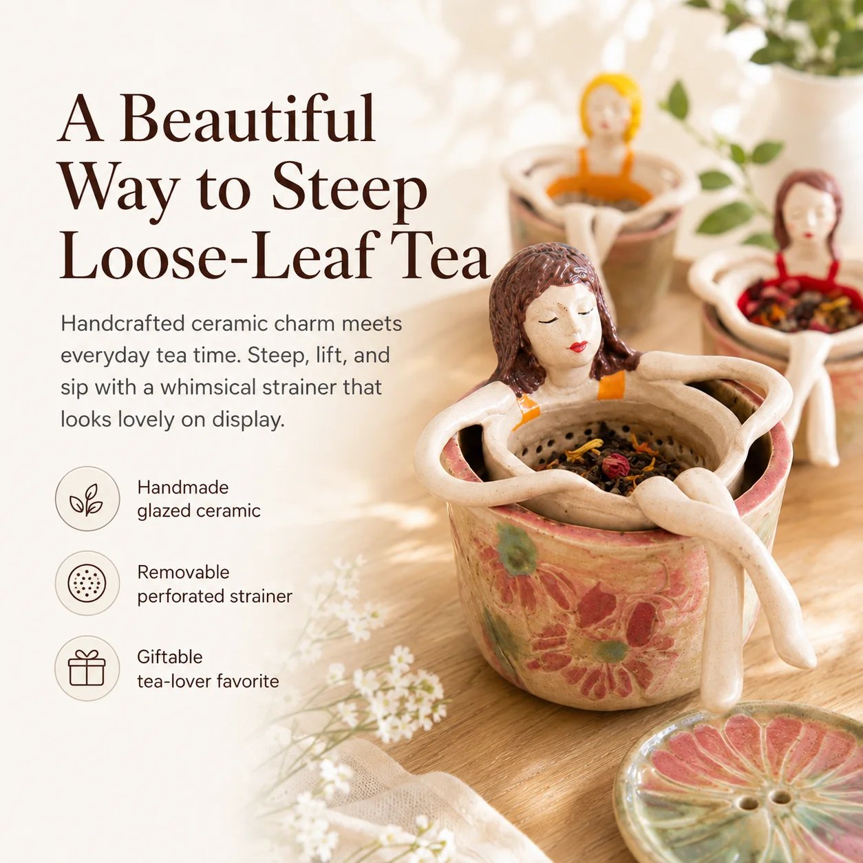 Whimsical Sitting Lady Ceramic Tea Strainer