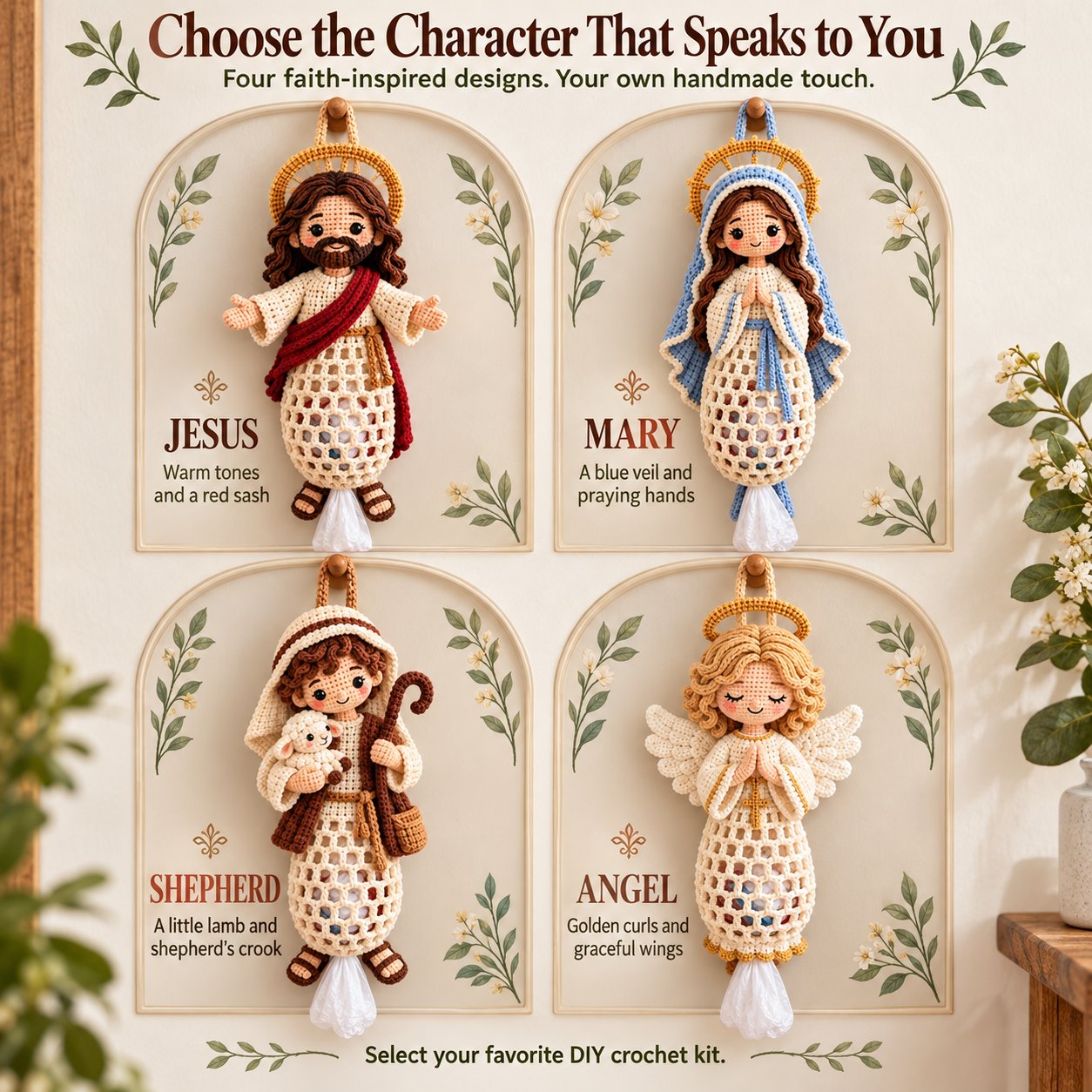 Four crochet bag holder characters labeled Jesus, Mary, Shepherd and Angel