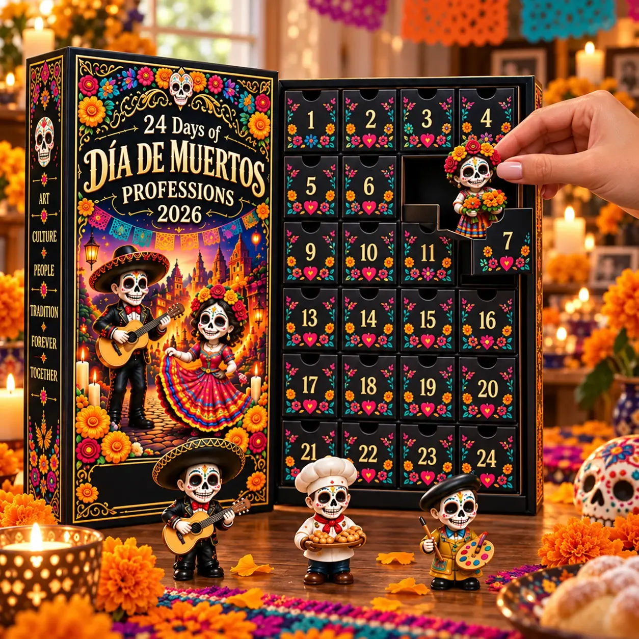 Opening a numbered drawer to reveal a D&iacute;a de Muertos profession figure