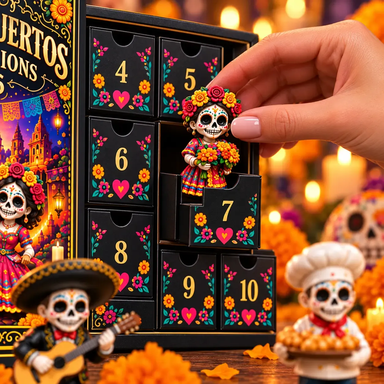 Close-up of a floral D&iacute;a de Muertos figure being removed from a drawer