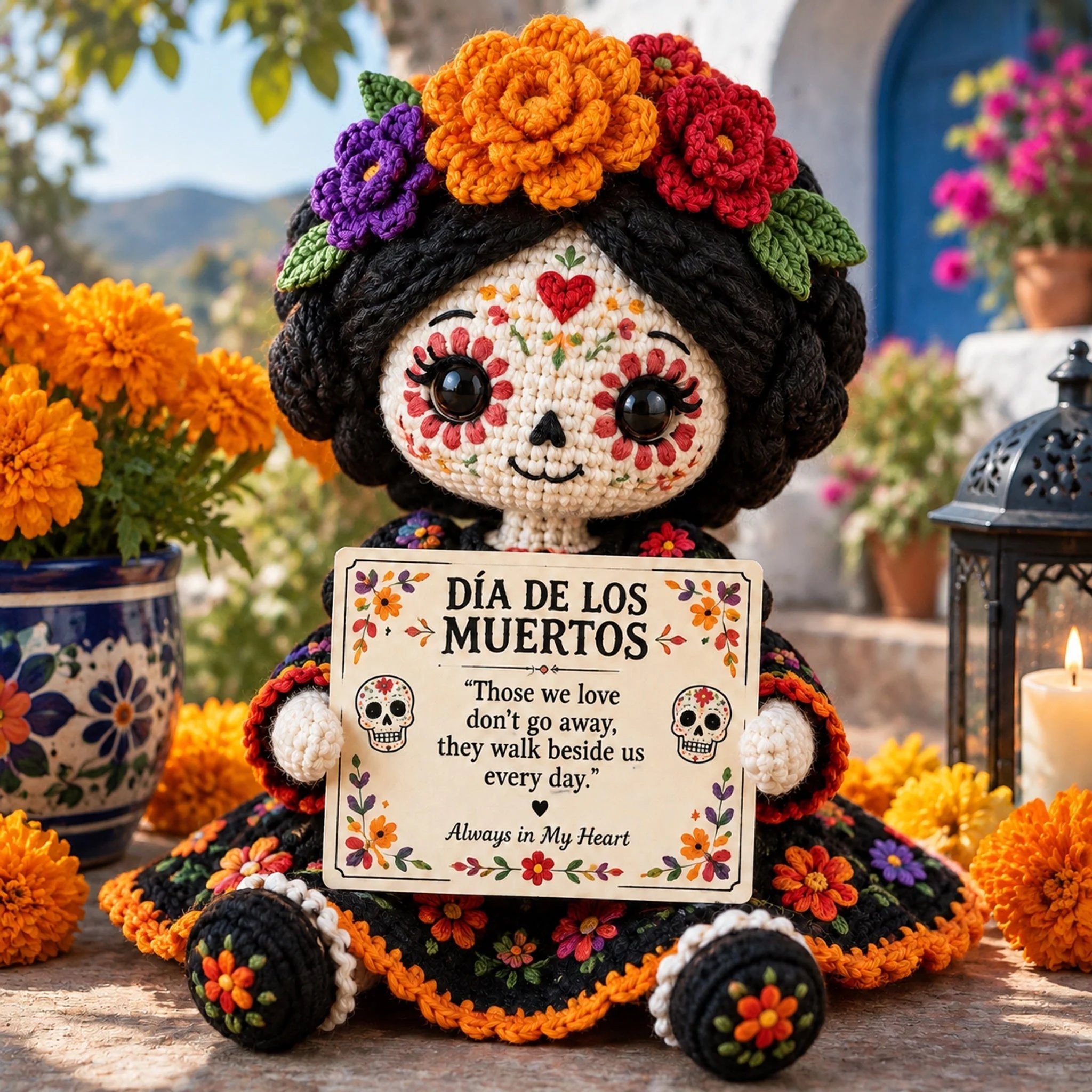 🖤Handcrafted Día de los Muertos Catrina Crochet Doll – Sugar Skull Memorial Keepsake