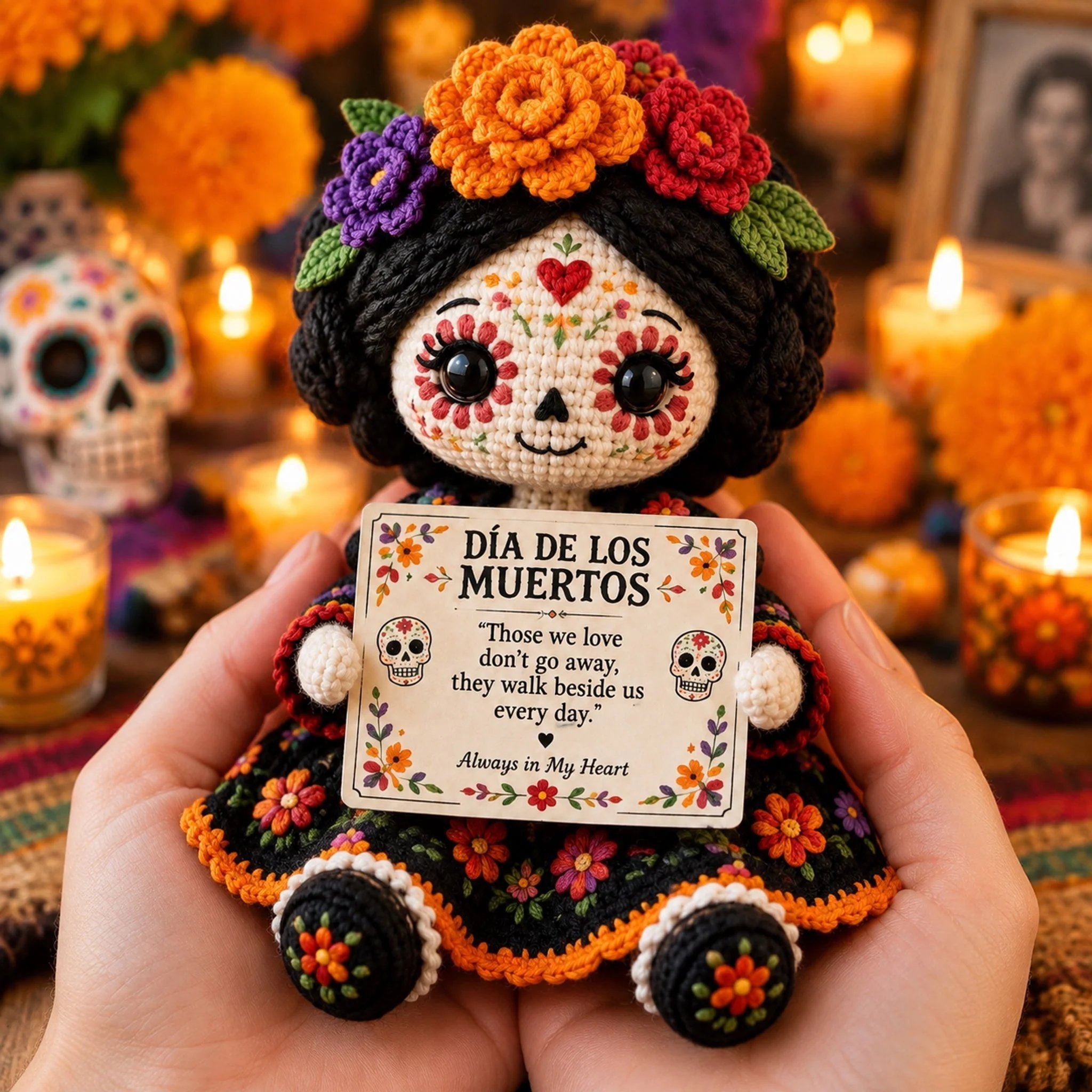 🖤Handcrafted Día de los Muertos Catrina Crochet Doll – Sugar Skull Memorial Keepsake