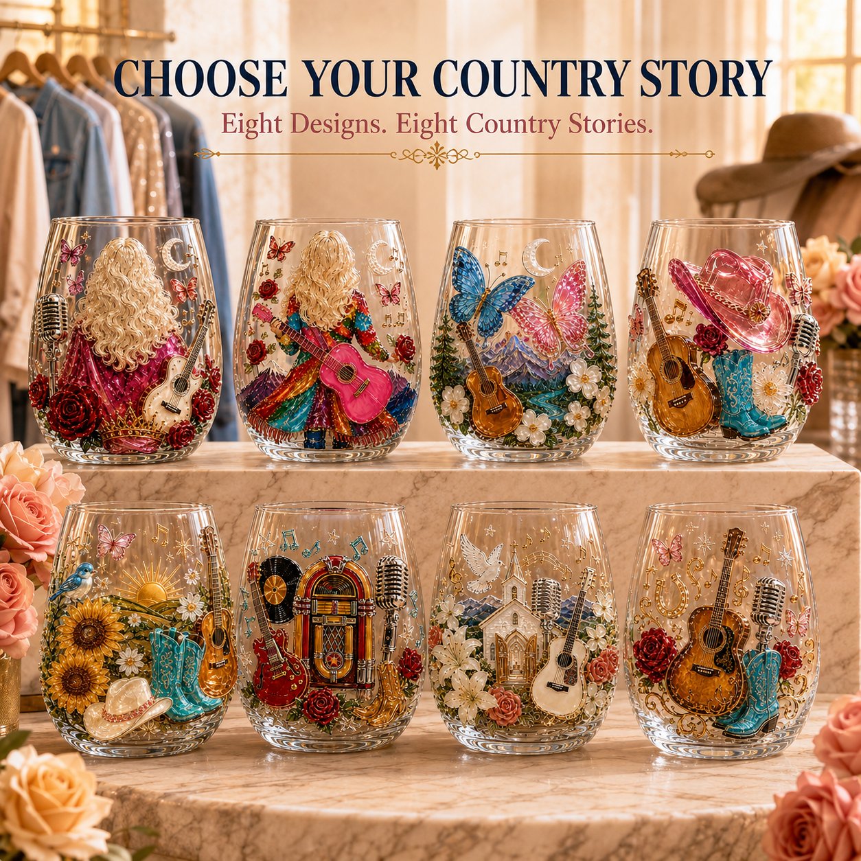 🤠 Queen of Country 1946–2026 3D Glass Collection | 8 Dolly-Inspired Country Designs with R