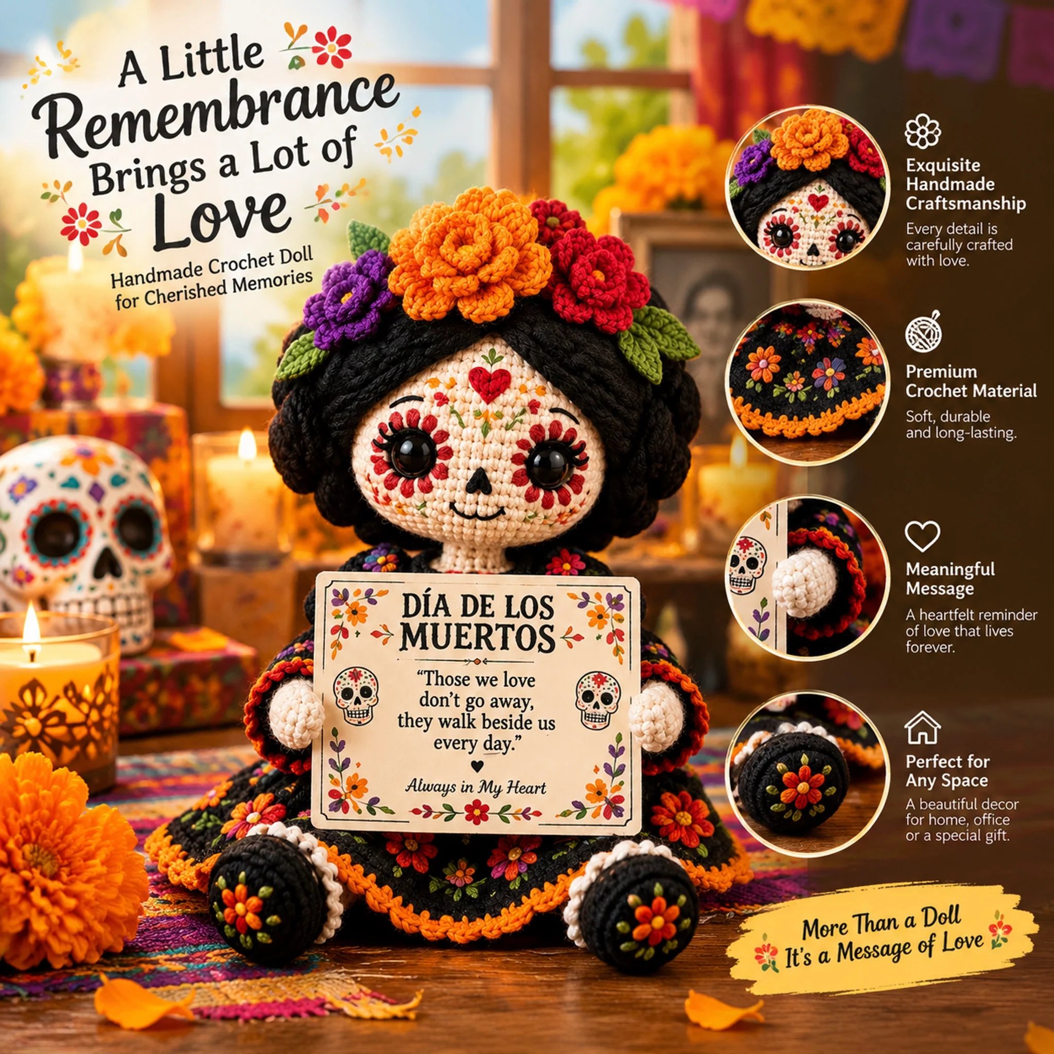 🖤Handcrafted Día de los Muertos Catrina Crochet Doll – Sugar Skull Memorial Keepsake