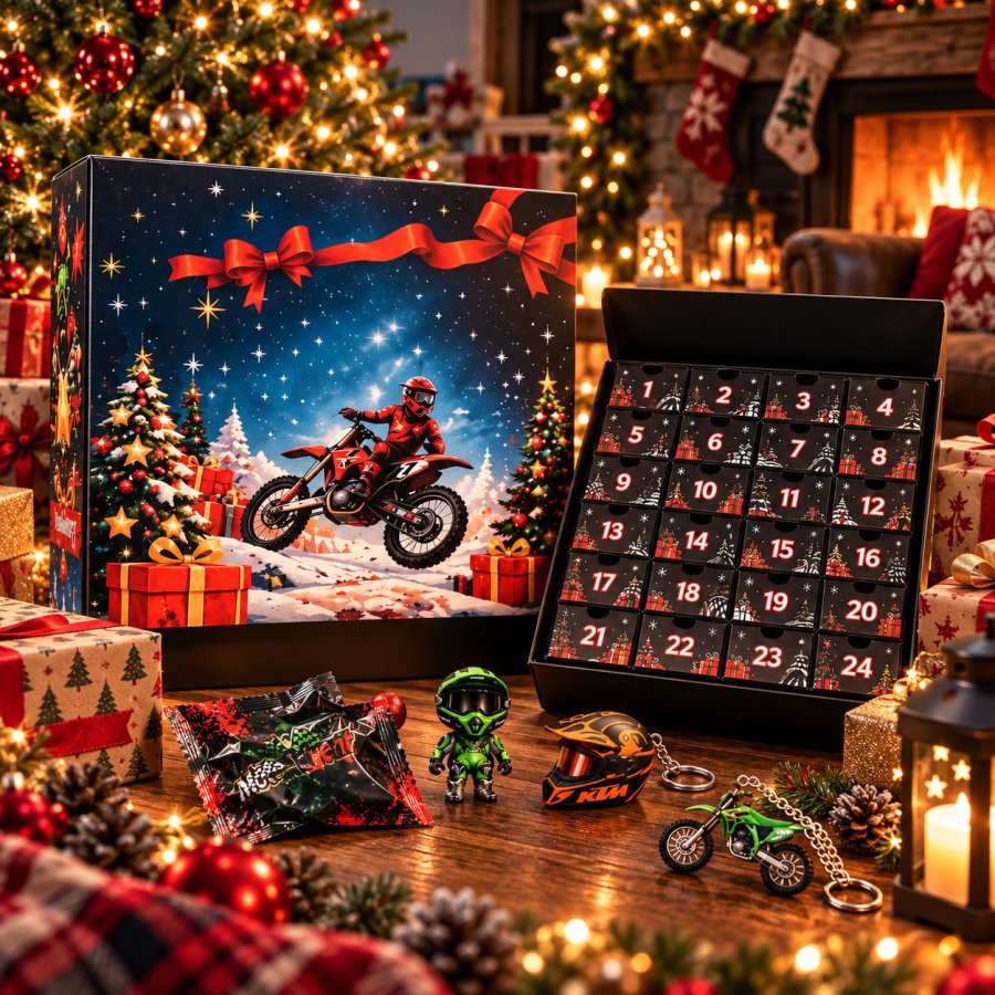 Motocross advent calendar in Christmas packaging with miniature collectibles