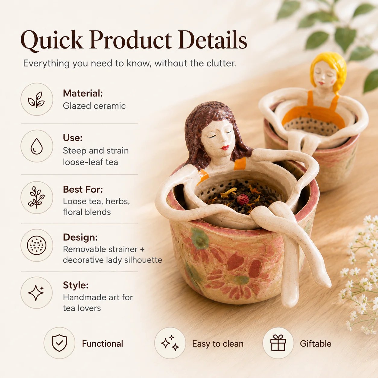 Whimsical Sitting Lady Ceramic Tea Strainer