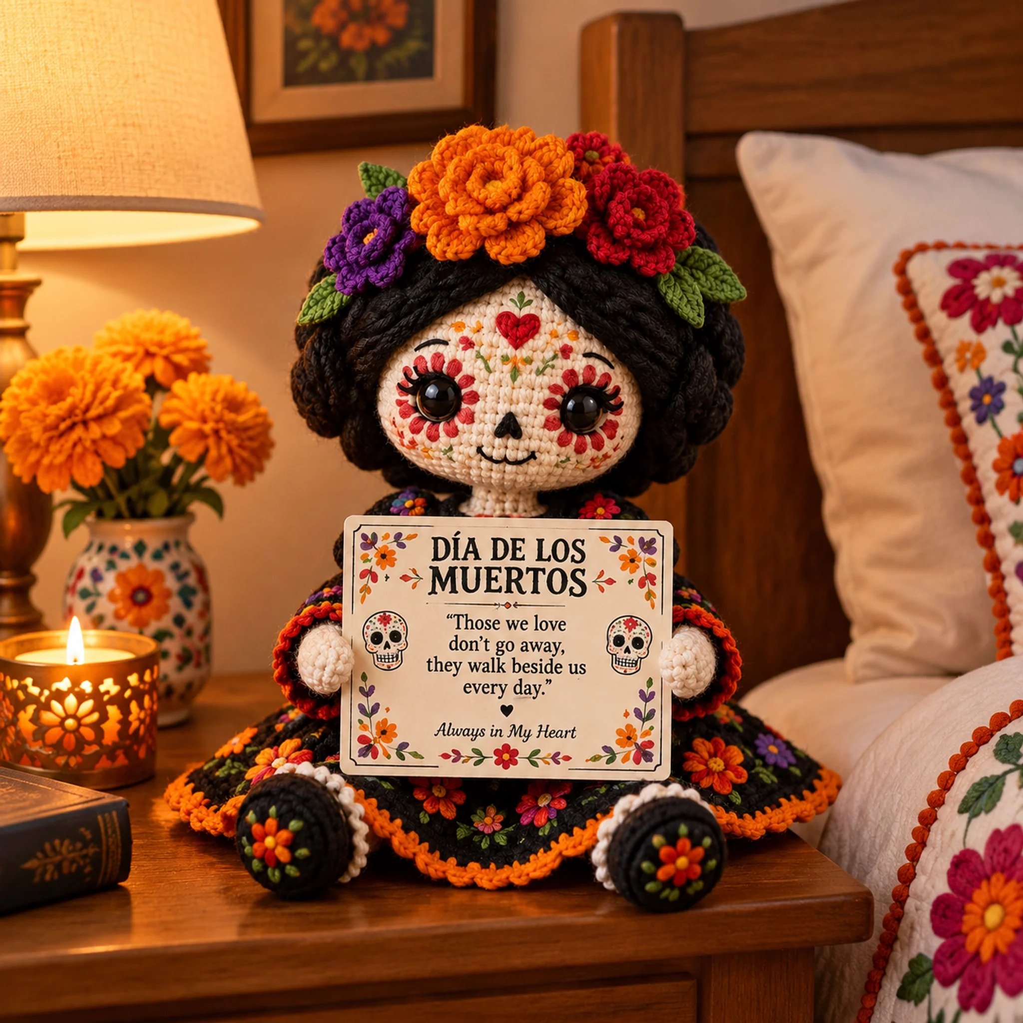 🖤Handcrafted Día de los Muertos Catrina Crochet Doll – Sugar Skull Memorial Keepsake