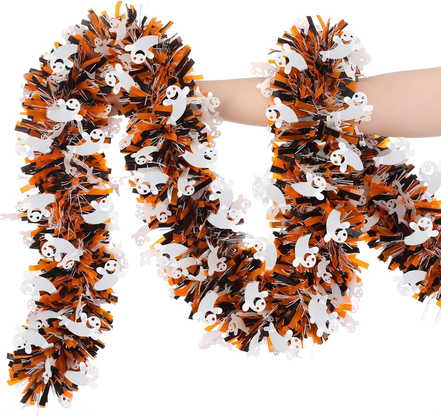 33FT Halloween Ghost Tinsel Garland – Spooky Shiny Hanging Garland for Party, Home & Outdoor Decorations