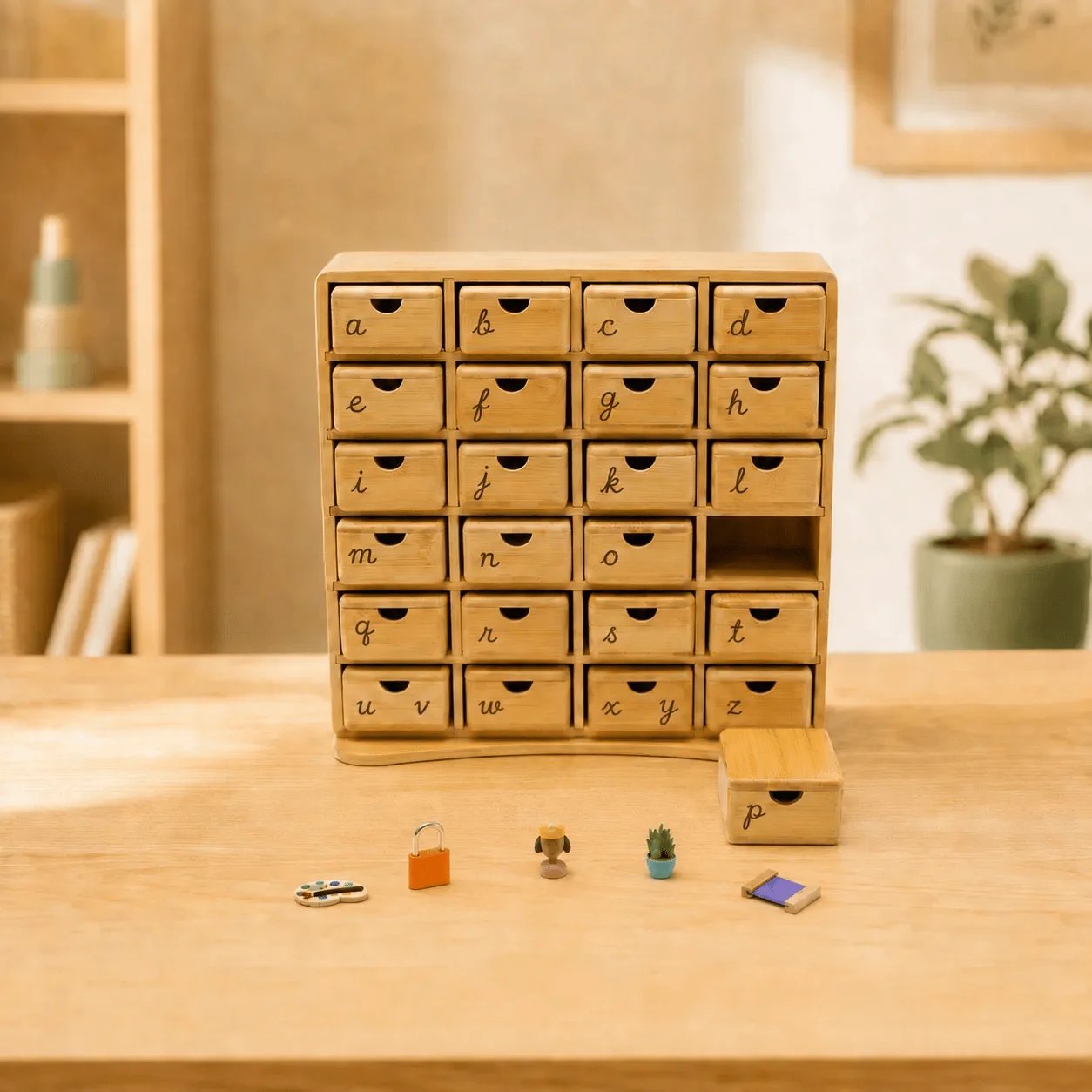 Cursive Complete Learning Set – Cabinet + 120 Miniature Objects Montessori Phonics Cabinet with 120 Miniature Objects