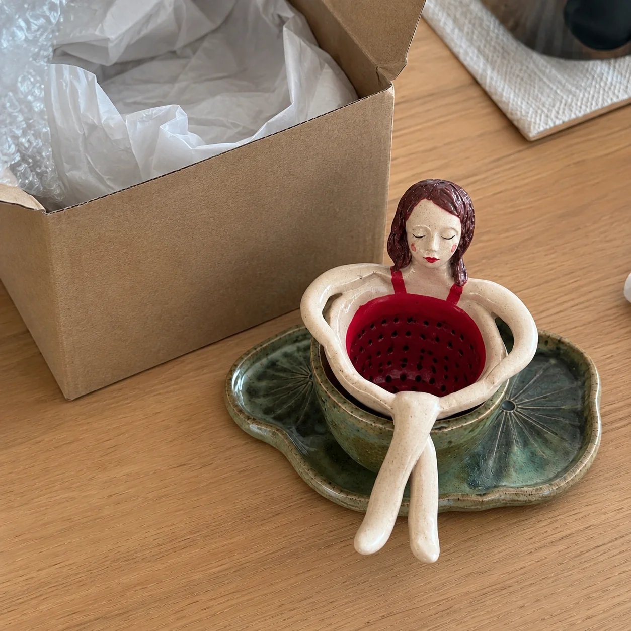 Whimsical Sitting Lady Ceramic Tea Strainer