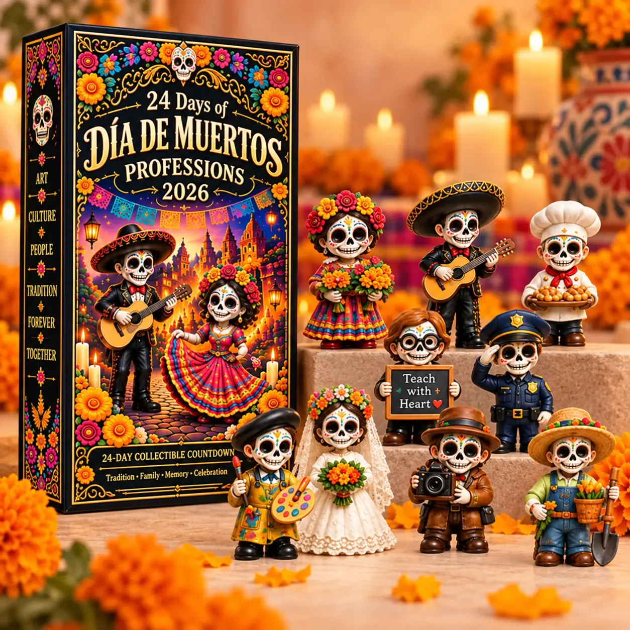 D&iacute;a de Muertos Professions 2026 countdown box with collectible figures