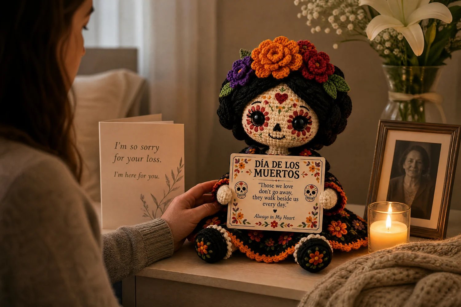 Meaningful Catrina crochet remembrance doll in home setting