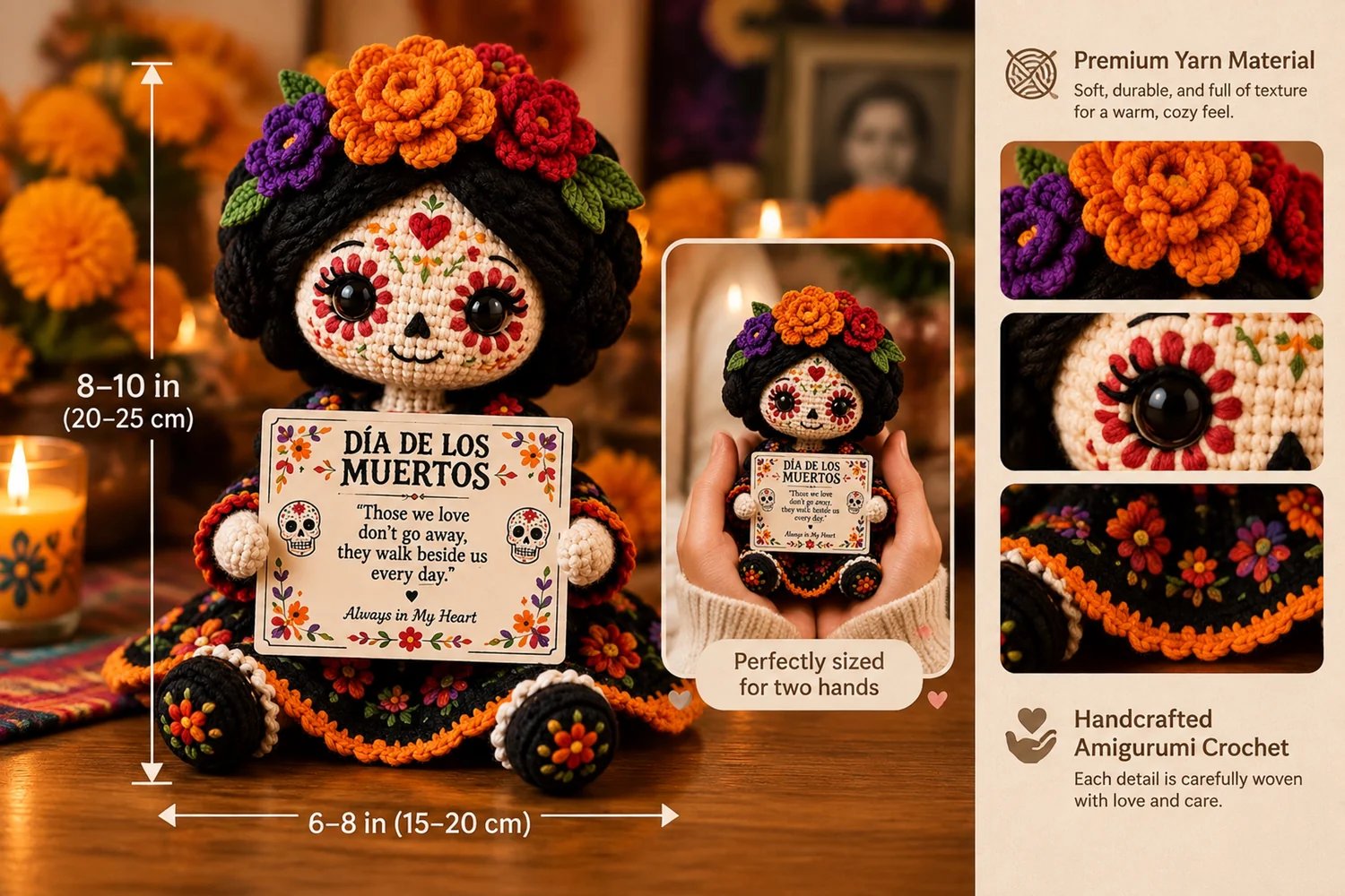 Close-up of textured crochet Catrina doll