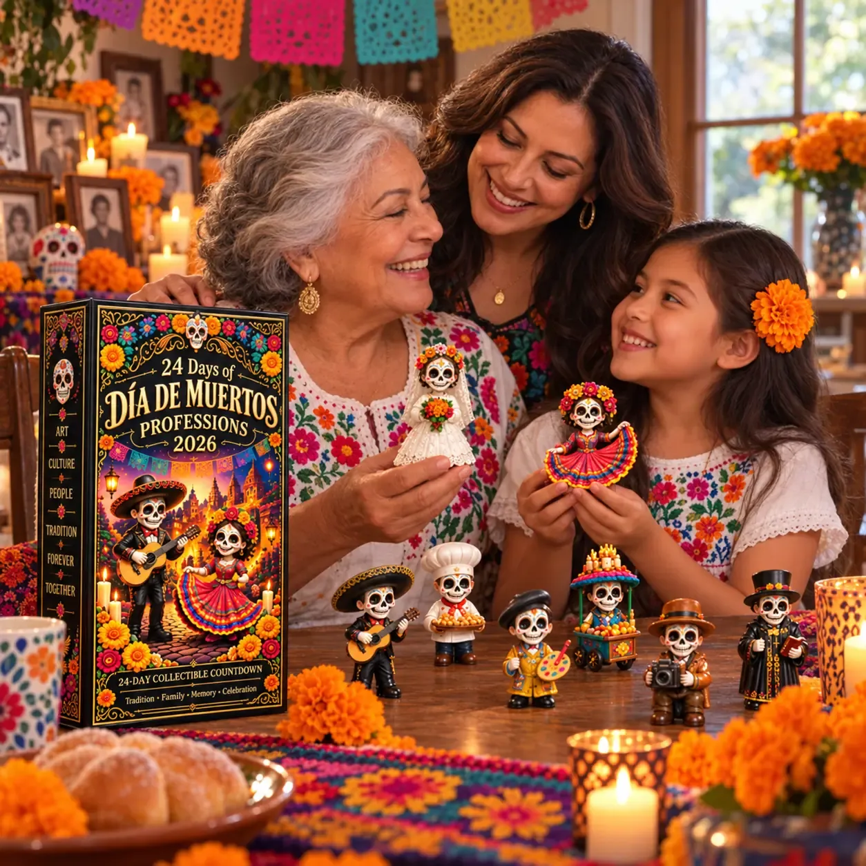 Three generations sharing D&iacute;a de Muertos collectible figures together