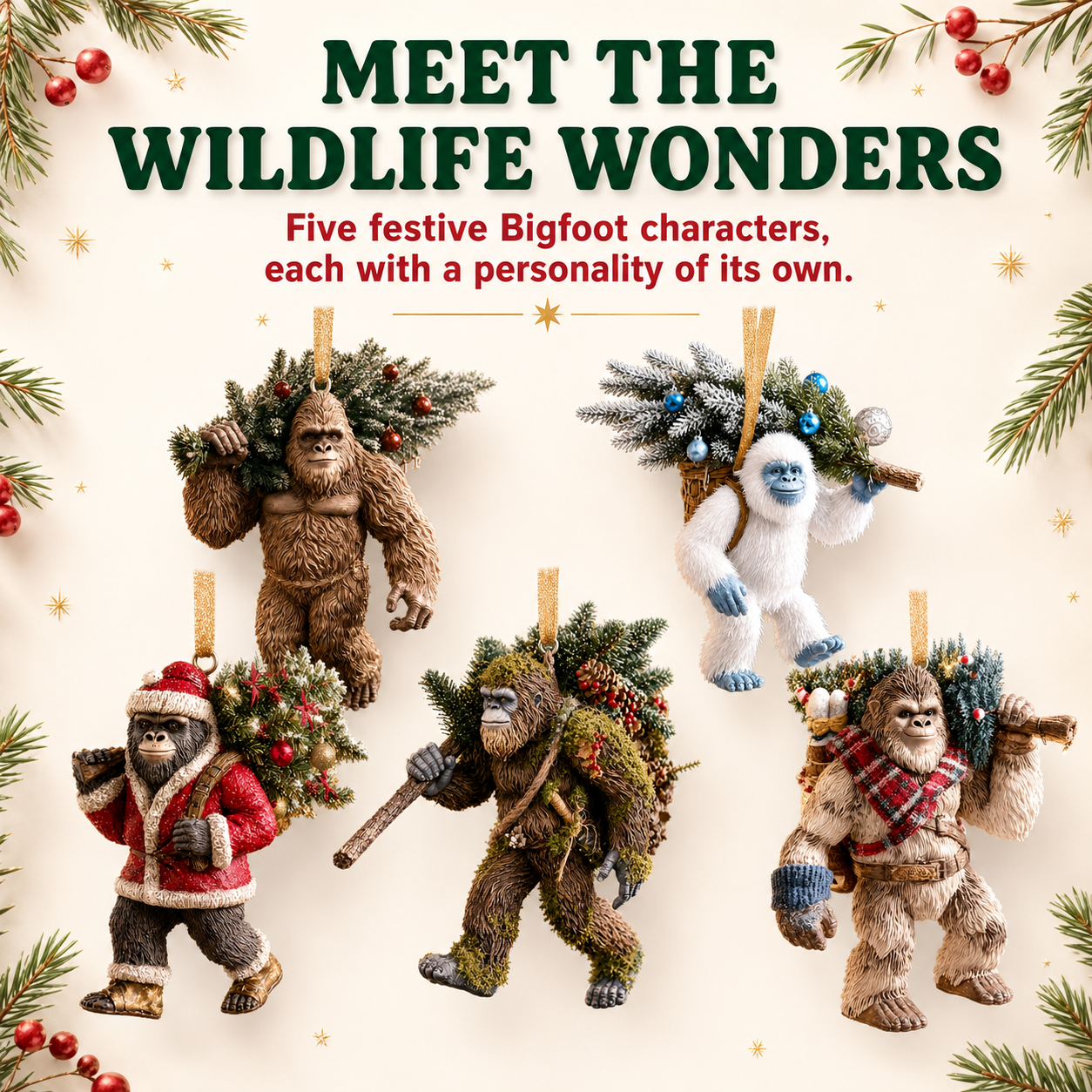 Five Bigfoot Christmas ornaments