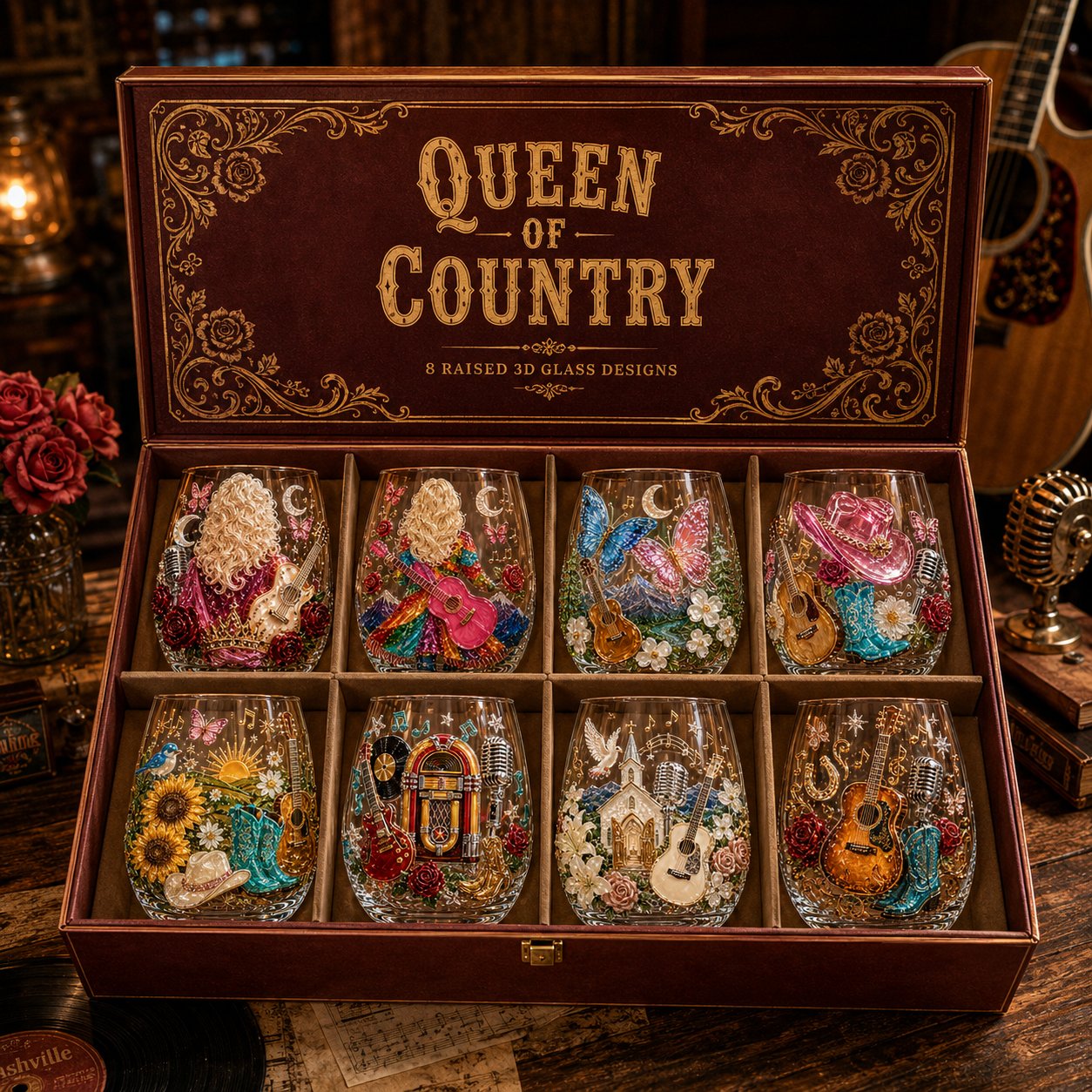 🔥All Styles - 8Pcs(✨Save 30% & Free Shipping) Approximately 4 inches / 10 cm tall 🤠 Queen of Country 1946–2026 3D Glass Collection | 8 Dolly-Inspired Country Designs with R