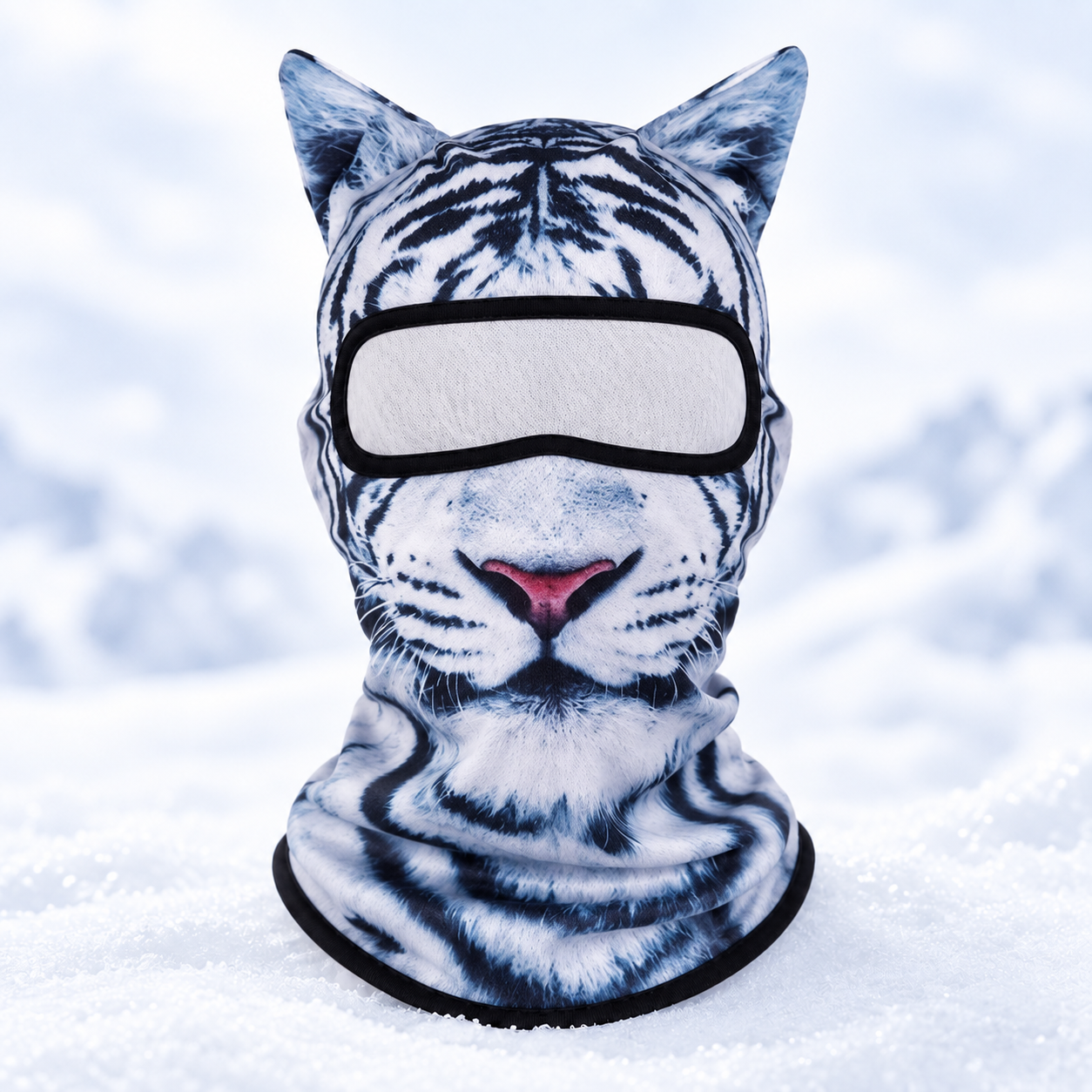 White Tiger 3D animal ski balaclava, full-face hood, front view