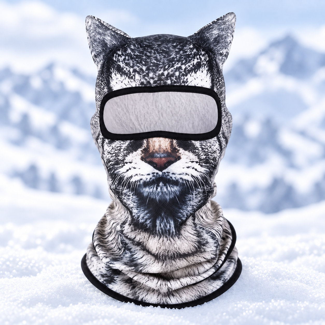 Snow Leopard 3D animal ski balaclava, full-face hood, front view