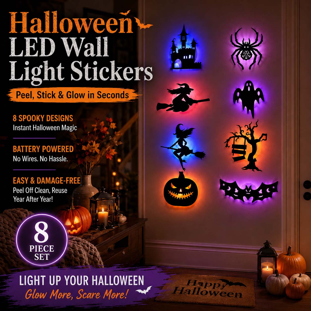 🔥Halloween LED Silhouette Wall Light Stickers, Battery Powered Peel