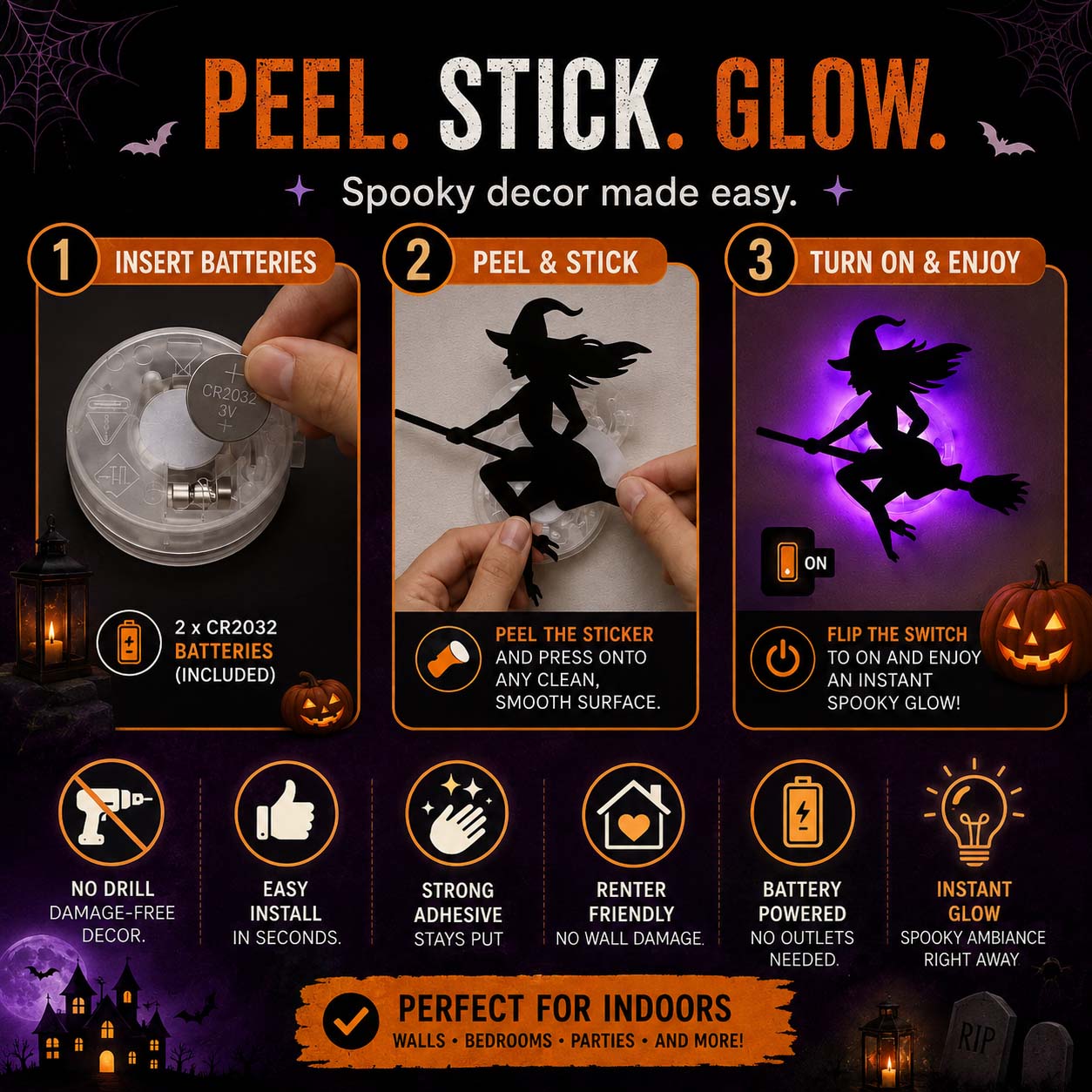 🔥Halloween LED Silhouette Wall Light Stickers, Battery Powered Peel