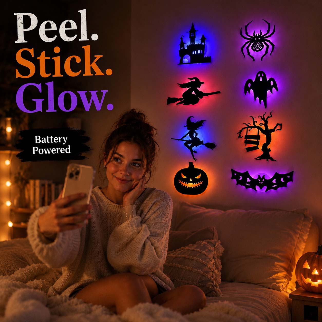 🔥Halloween LED Silhouette Wall Light Stickers, Battery Powered Peel