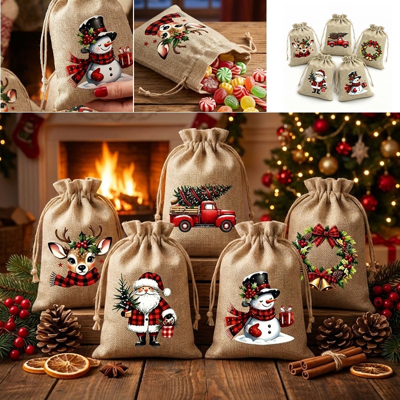 Rustic Christmas Burlap Drawstring Gift Bags