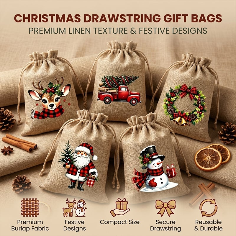 Rustic Christmas Burlap Drawstring Gift Bags