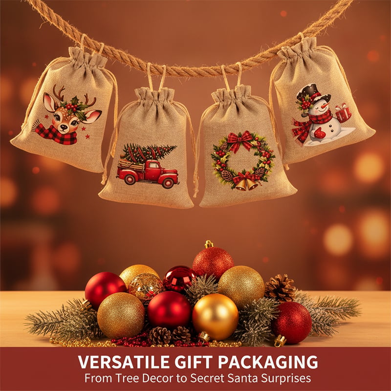 Rustic Christmas Burlap Drawstring Gift Bags