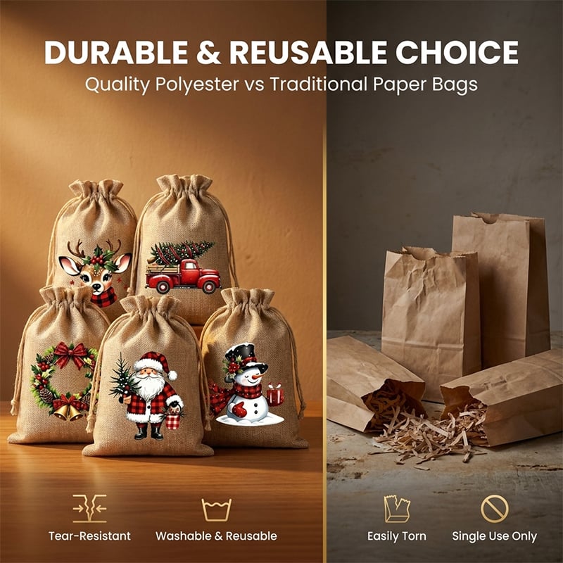 Rustic Christmas Burlap Drawstring Gift Bags