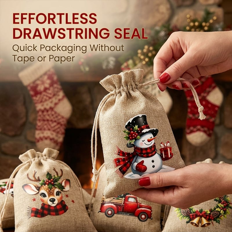 Rustic Christmas Burlap Drawstring Gift Bags