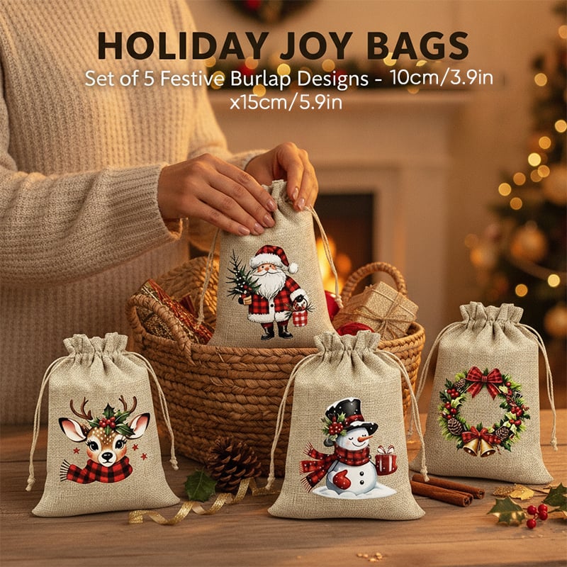 Rustic Christmas Burlap Drawstring Gift Bags