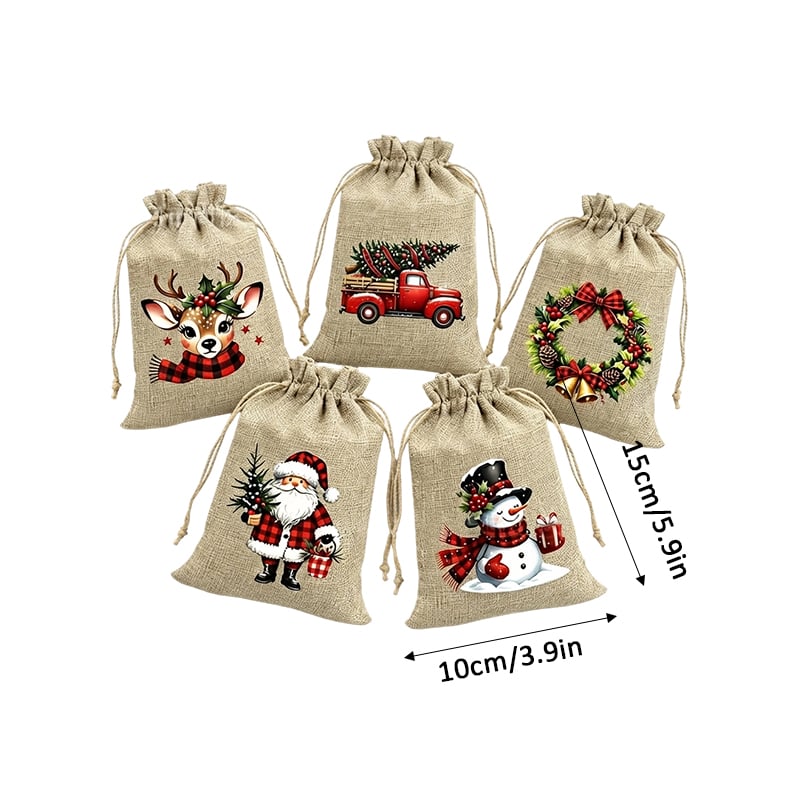Rustic Christmas Burlap Drawstring Gift Bags