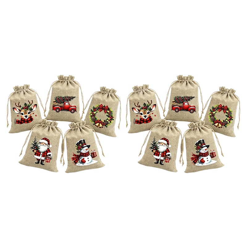 Rustic Christmas Burlap Drawstring Gift Bags