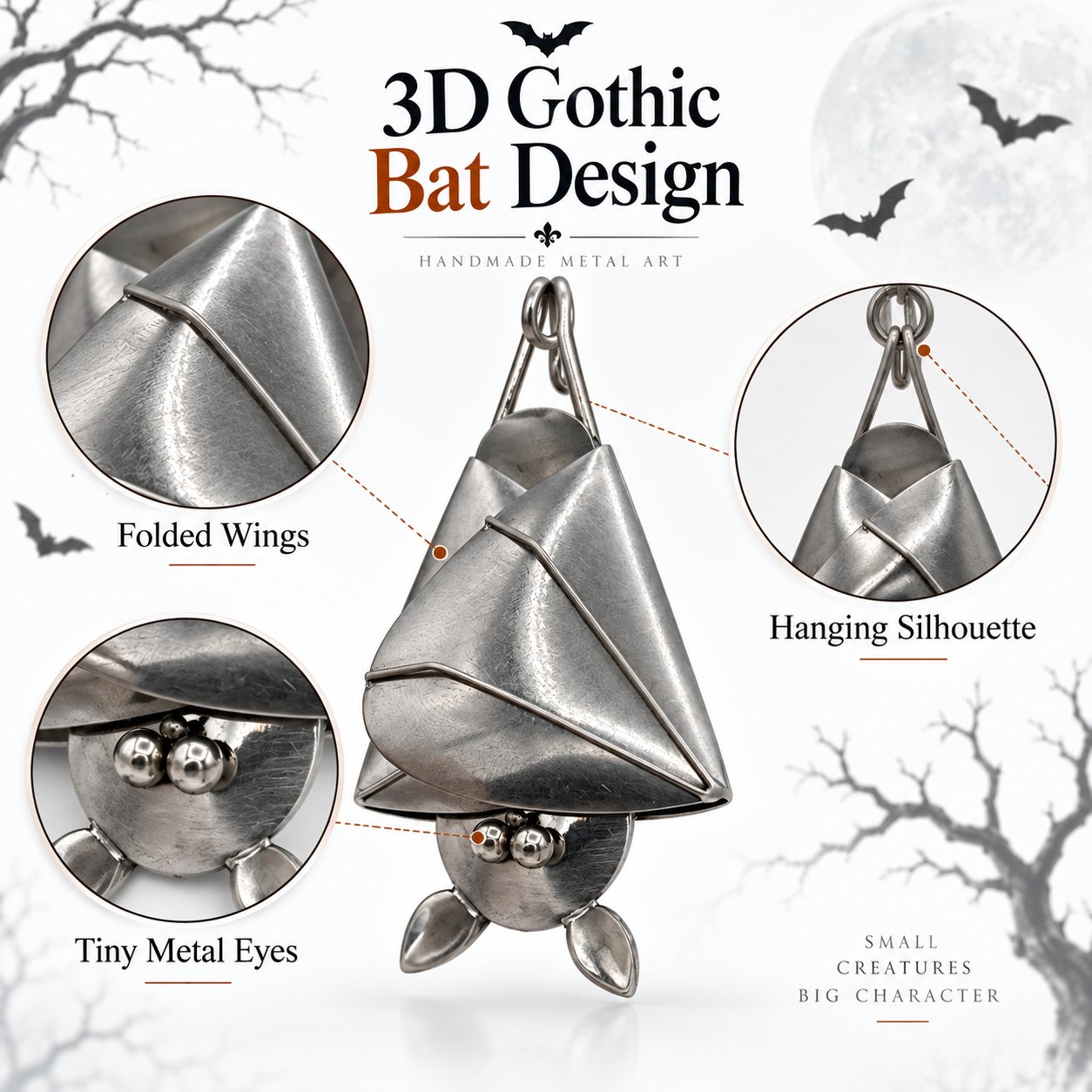Handmade 3D Gothic Metal Bat Hanging Ornament