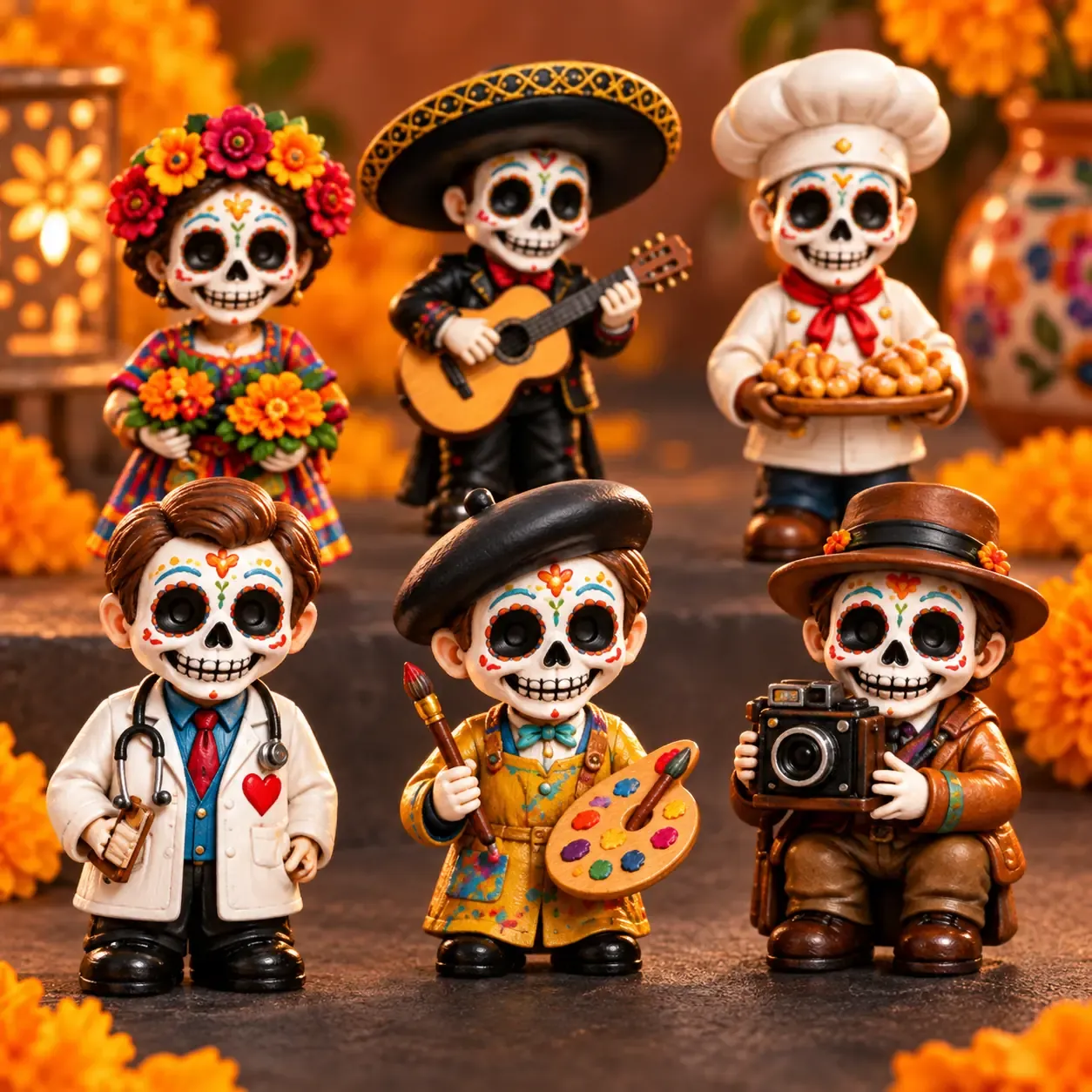 Detailed D&iacute;a de Muertos profession figures arranged with marigolds